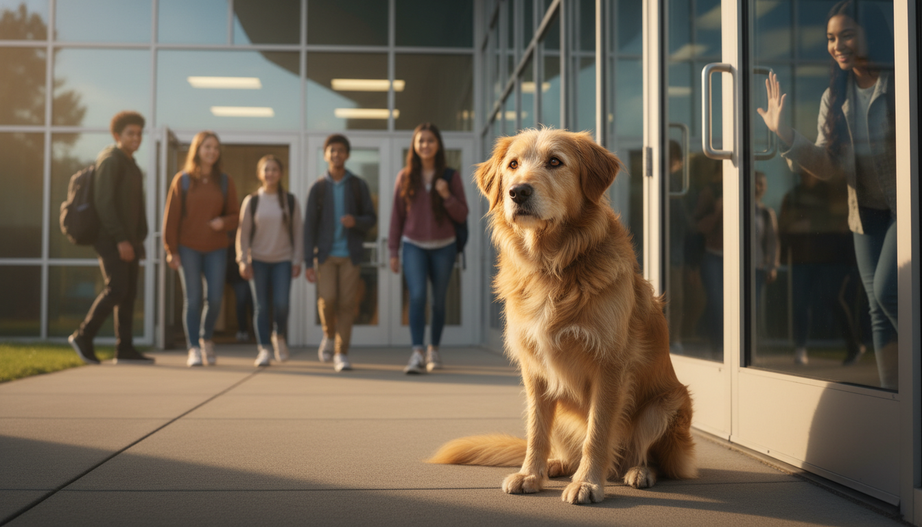A scruffy stray dog sitting hopefully outside a school entrance looking at students